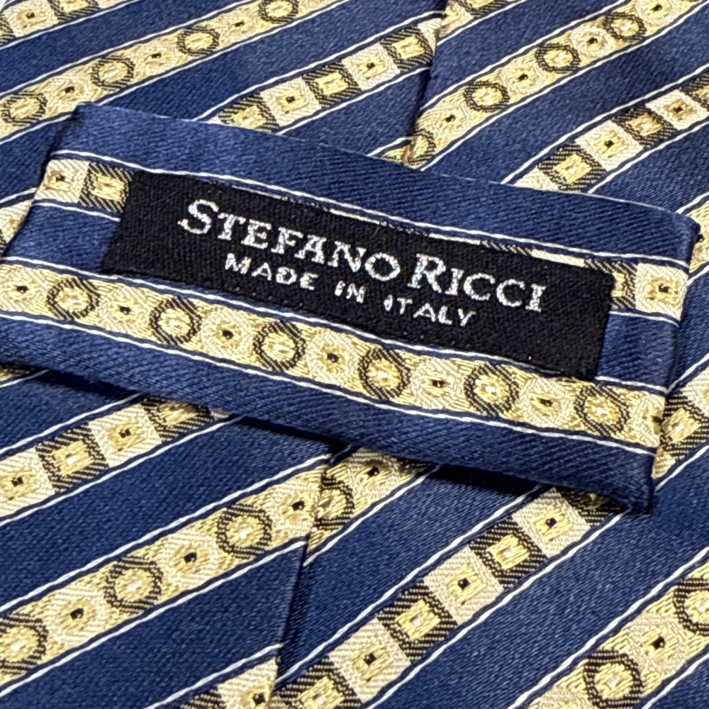 Stefano Ricci Mens Navy Blue Gold Geometric Stripe Silk Tie Made in Italy - Picture 2 of 5